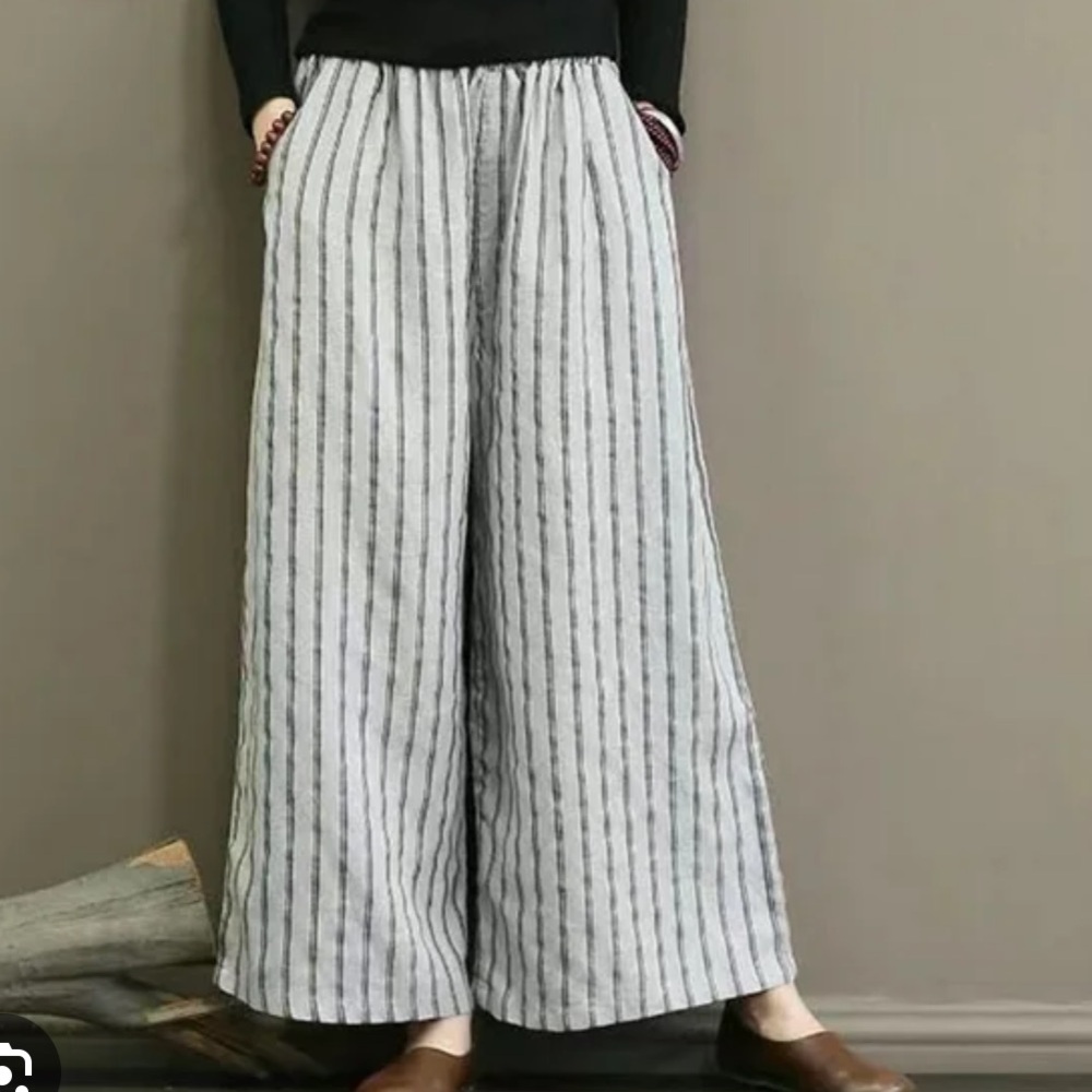 BIASA Striped Wide-Leg Cotton Linen Pants White & Blue